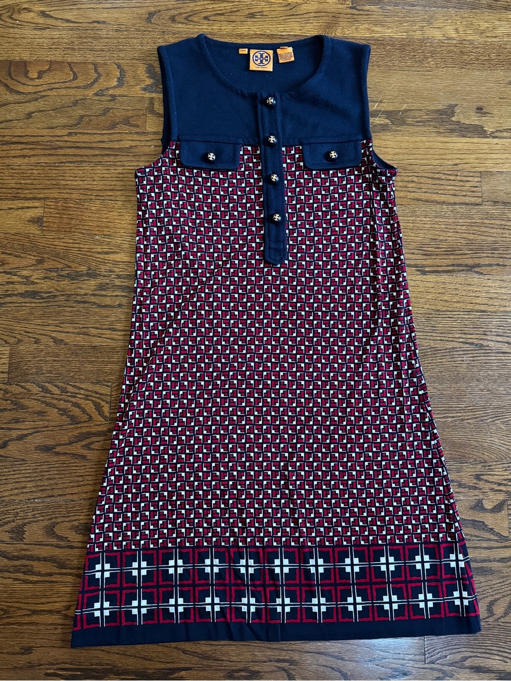 Tory Burch Knit Shift Dress M Sleeveless Geometric Navy Red White Pockets size M